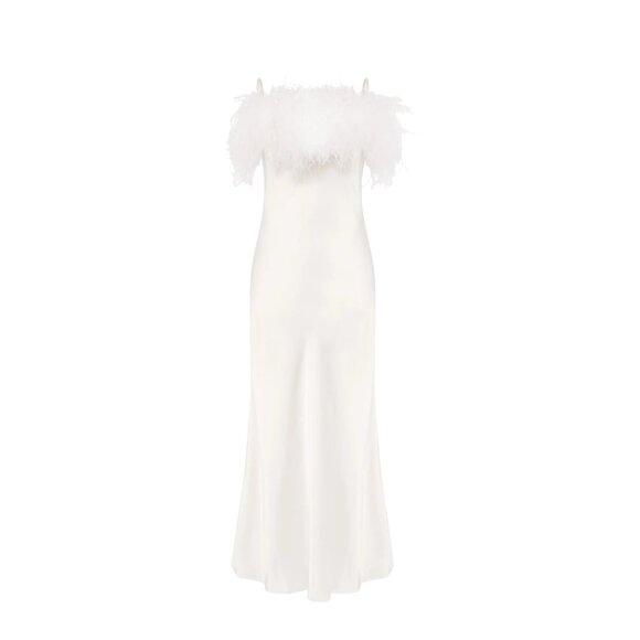 349. SLEEPER Boheme Slip Dress Feathers White Wedding Dress $298 NWT Large - Picture 3 of 5